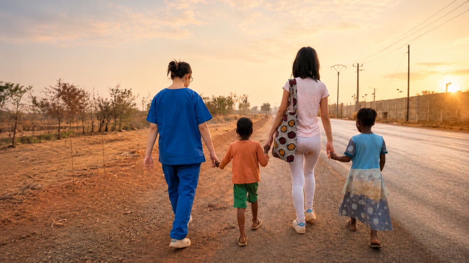 ACO volunteers and local children walking together along a warm evening road in Senegal