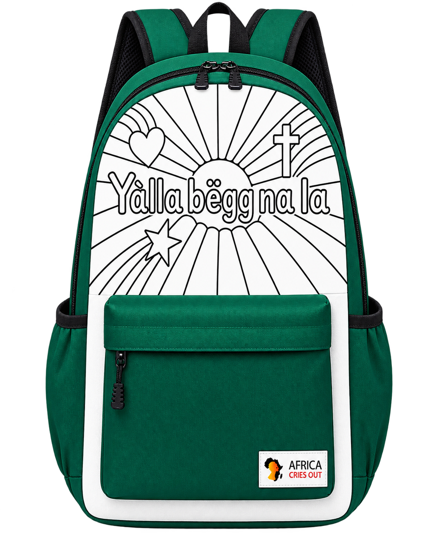 The Love & Hope coloring backpack — a green children’s backpack with a color-in sunburst panel featuring a heart, cross, and star, the Wolof words ‘Yàlla bëgg na la’ (God loves you), and an Africa Cries Out patch